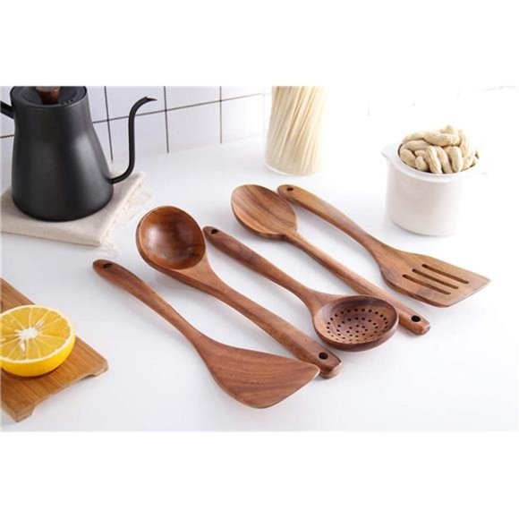 Wooden Spoons for Cooking, Tmkit Cooking Utensils Set of 6 Natural Teak Wooden - Picture 4 of 6